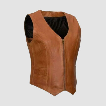 Women V-Neck Zipper Vest- Brown